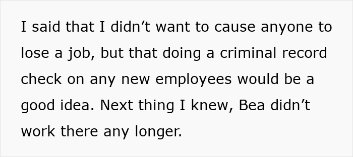 Text excerpt about causing job loss and criminal record checks, related to office bully and theft exposure story.