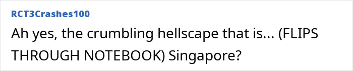 Text post mocking an influencer claiming to be stranded due to war refusing to fly economy, referencing Singapore.
