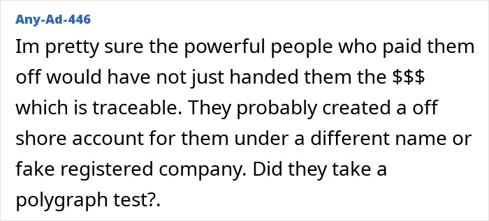 Text comment about offshore accounts and polygraph tests relating to Epstein guard&rsquo;s incriminating words on his passing.