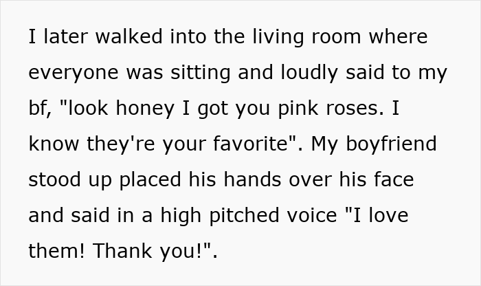 Alt text: Woman giving boyfriend pink roses while uncle reacts with a sexist comment in a family living room setting
