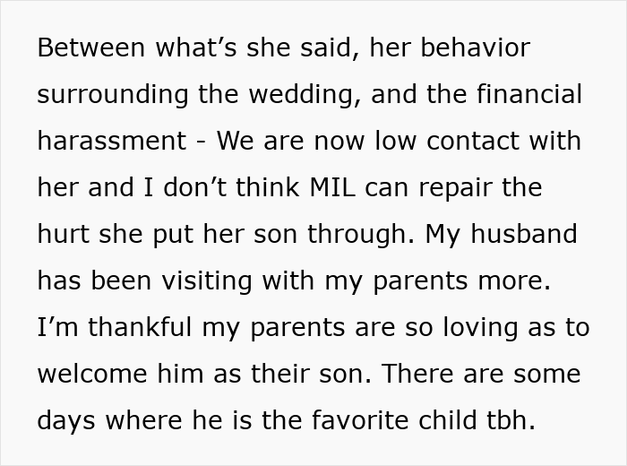 Text discussing MIL's behavior, financial harassment, and the impact leading to low contact and debt concerns.
