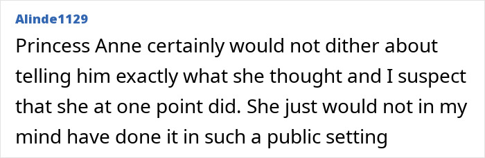 Text comment discussing Princess Anne’s directness, related to lip reader revealing senior royals' reaction to Meghan Markle.