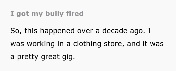 Text excerpt showing a woman recounting how she sent an office bully out with security and exposed her theft.