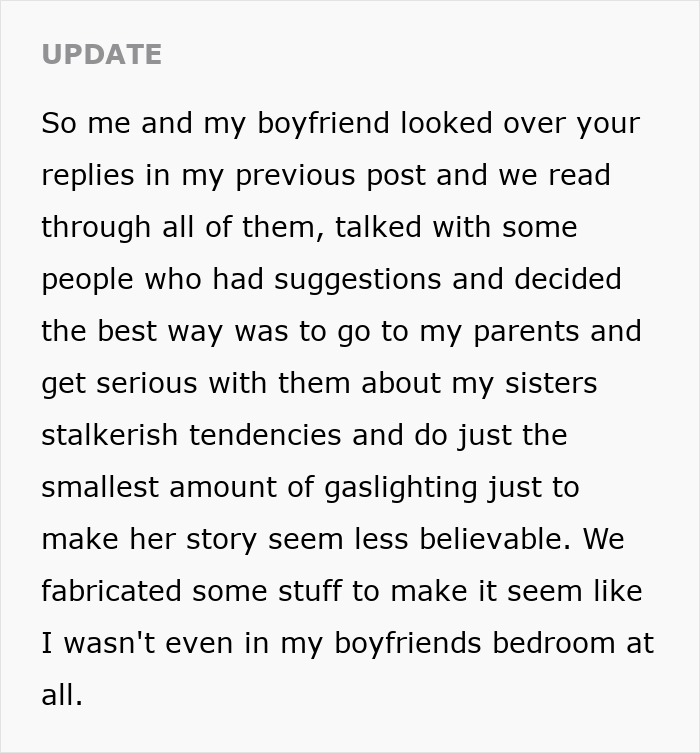 Update text discussing a boyfriend and sister&rsquo;s stalkerish tendencies involving secret boyfriend and family conflict.
