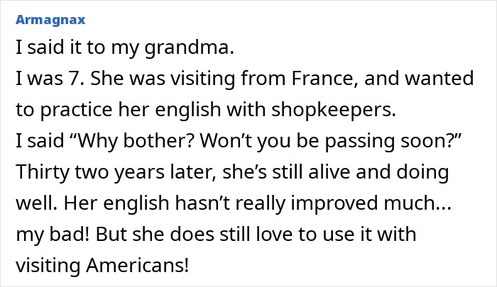 Text excerpt from a story where a kid accidentally roasted their grandma about her English skills during a visit from France.
