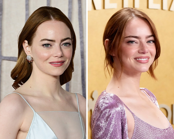 Emma Stone at 2026 Actor Awards, wearing elegant dresses and stunning earrings, posing with a soft smile in both images.