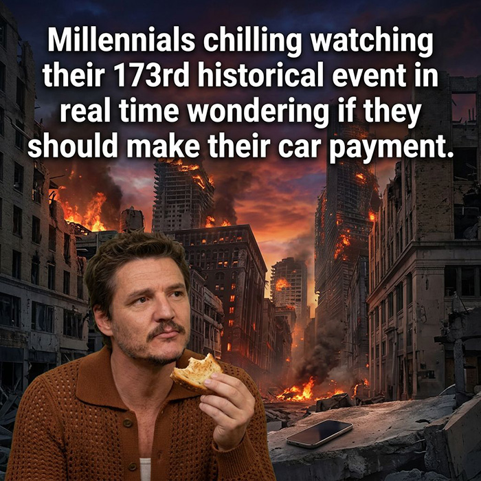 Man eating a sandwich calmly amidst city ruins with fire, illustrating WW3 angst captured by memes about historical events.