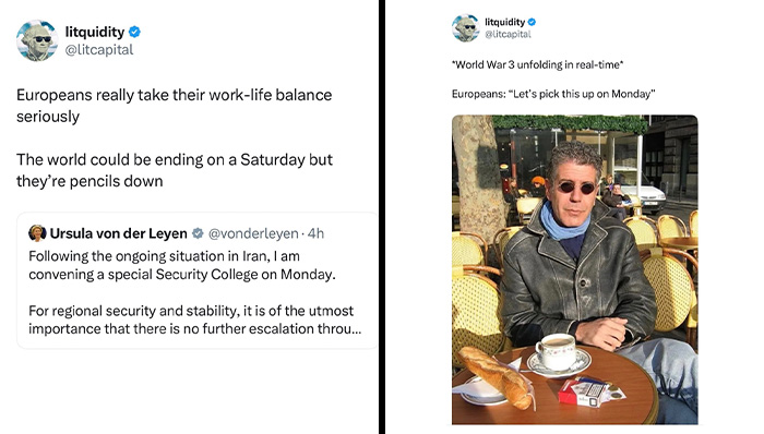 Two tweets humorously capturing WW3 angst with Europeans maintaining calm and work-life balance during crisis updates.