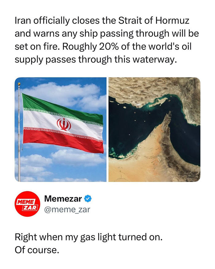 Iran's flag and Strait of Hormuz satellite image highlighting global oil supply risk amid WW3 angst memes.