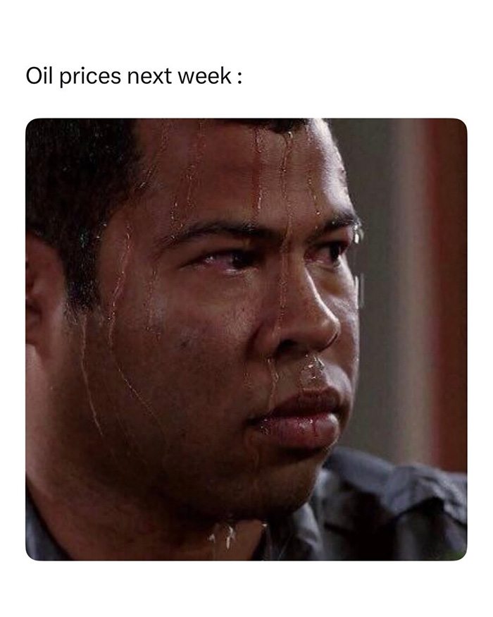 Man sweating nervously in meme illustrating WW3 angst linked to rising oil prices next week.