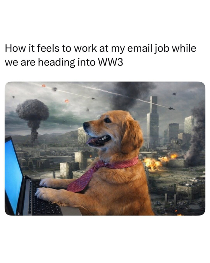 Dog wearing a tie typing on laptop amid city explosions and mushroom clouds reflecting WW3 angst and anxiety memes.
