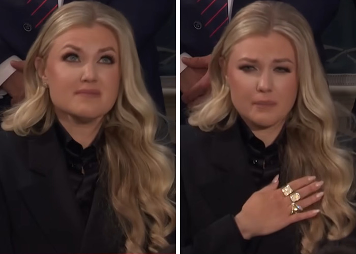 Erika Kirk with long blonde hair and black outfit, showing emotional expressions while addressing allegations and legacy criticism.