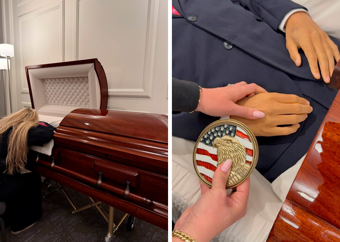 Woman mourning beside a wooden casket and hands touching an eagle emblem, related to Erika Kirk allegations and Charlie&rsquo;s legacy.