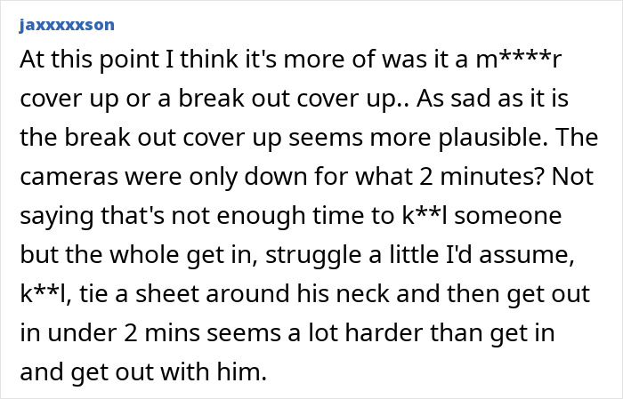 Comment discussing Epstein guard&rsquo;s incriminating words and theories about his passing and possible cover-up.