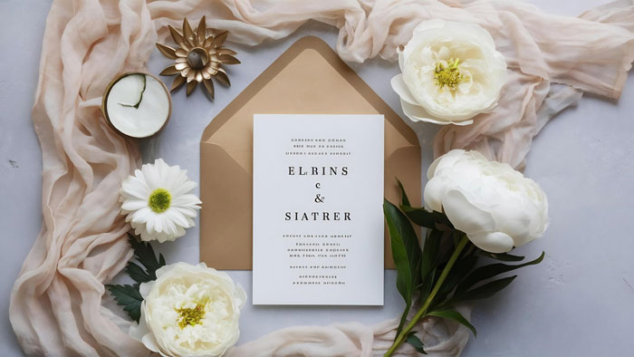 Wedding invitation surrounded by white flowers and soft fabric, symbolizing a bride's regret after family conflicts revealed.