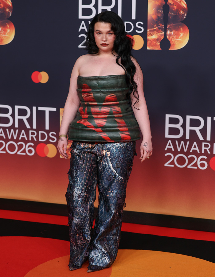 Lola Young wearing an oil container-inspired top with patterned pants on the Brit Awards 2026 red carpet. Lola Young wearing an oil container-inspired top with patterned pants on the Brit Awards 2026 red carpet.