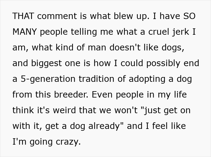 Text excerpt about breaking family tradition by choosing not to get a dog despite pressure from others.