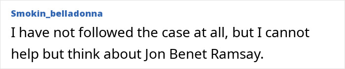 Comment text about not following the case but thinking about Jon Benet Ramsay, related to FBI analysis of Nancy Guthrie case theories.