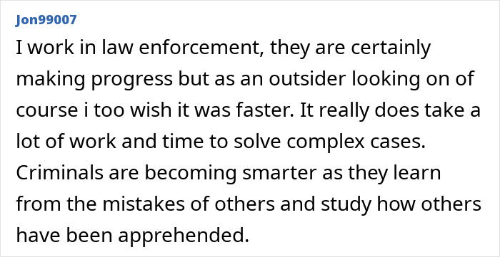 Comment from law enforcement worker discussing FBI analysis in Nancy Guthrie case and complexities of solving criminal cases.