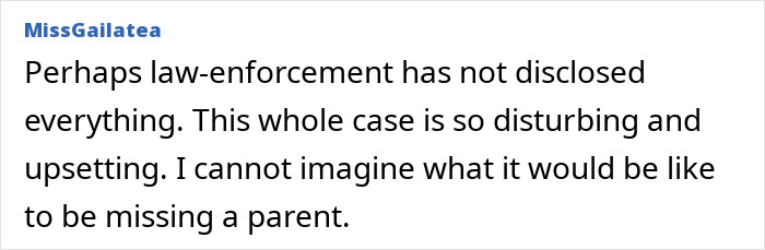 Comment by MissGailatea expressing distress over the Nancy Guthrie case and the ongoing FBI analysis.