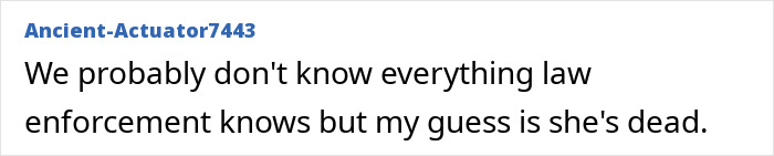 Comment from user Ancient-Actuator7443 expressing doubt about full law enforcement knowledge and suggesting Nancy Guthrie may be dead in FBI analysis discussion.
