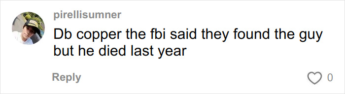 Screenshot of a social media comment discussing the FBI's update on infamous 1971 plane hijacker DB Cooper. Screenshot of a social media comment discussing the FBI's update on infamous 1971 plane hijacker DB Cooper.