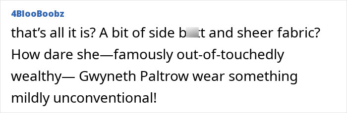Text post criticizing Gwyneth Paltrow’s racy Oscars dress, referencing a backstage rant and aide’s awkward reaction.