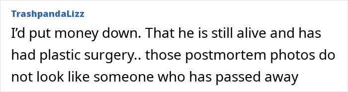 Comment from user TrashpandaLizz claiming Epstein guard&rsquo;s incriminating words suggest he is still alive with plastic surgery doubts.