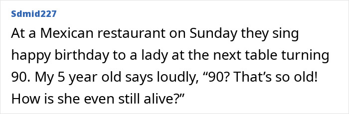 Screenshot of a kid accidentally roasting a grown-up at a Mexican restaurant with blunt honesty.