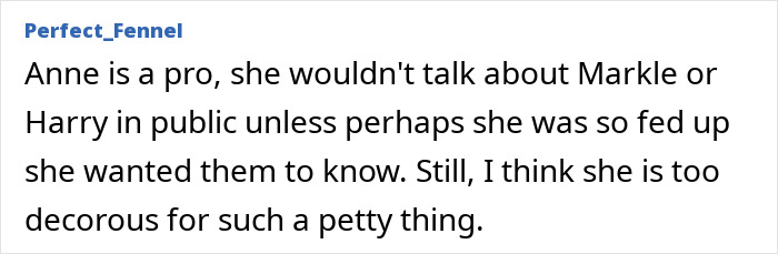 Comment from user Perfect_Fenne discussing Anne's discretion about Meghan Markle and Harry, related to lip reader reveals of senior royals.
