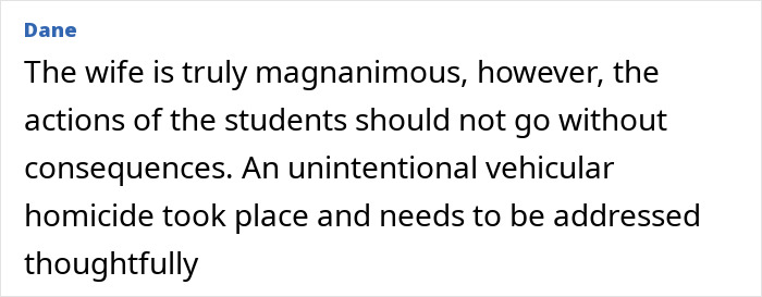 Commenter named Dane discussing consequences after students' prank leads to unintentional vehicular homicide involving teacher.
