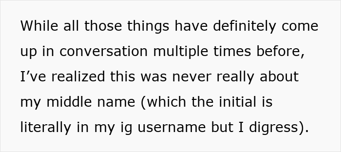 Text excerpt discussing a person's reflection on middle name and social media username in a romantic indifference context.