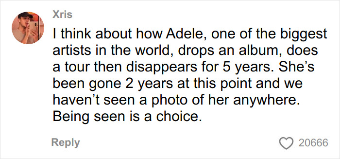 Social media comment discussing celebrity privacy and visibility, related to Chappell Roan&rsquo;s paparazzi tactic debate.