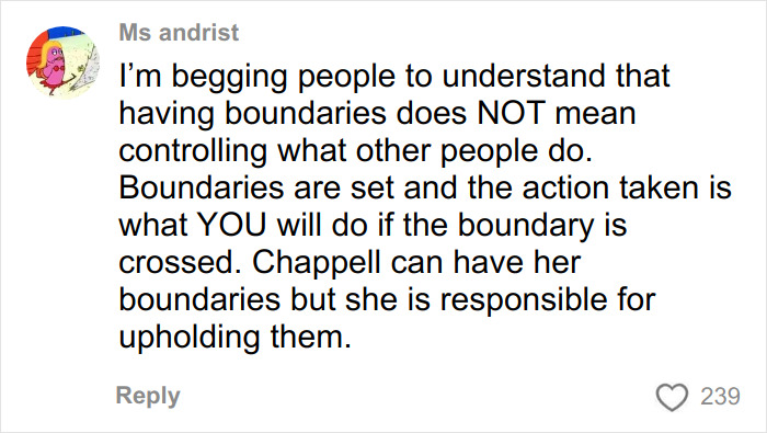 Comment discussing boundaries and responsibility related to Chappell Roan's divisive paparazzi tactic and celebrity privacy debate.