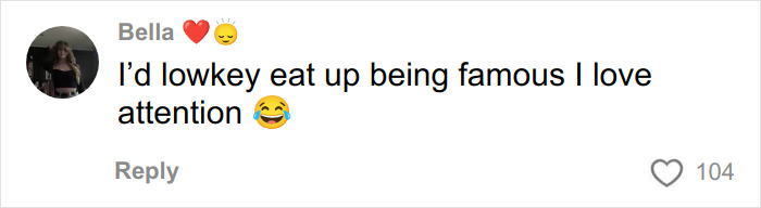 Social media comment expressing love for attention and fame, related to celebrity Karen and paparazzi debates.