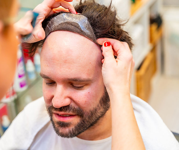 Man trying on a hairpiece while a woman adjusts it, illustrating a first date with character-building trauma moments.