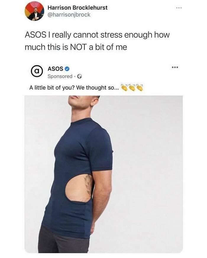 Tweet showing a funny British humor meme about a man wearing a navy shirt with a large side cut-out.