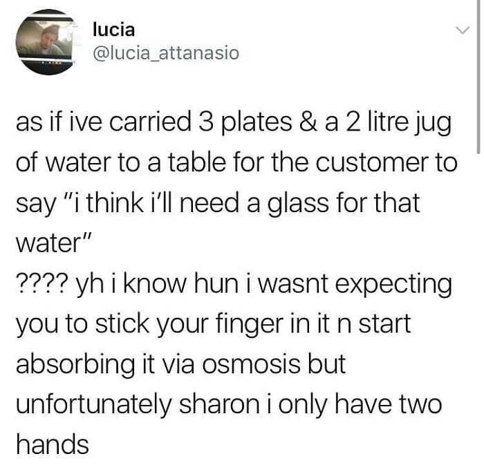 Screenshot of a British humor meme about carrying plates and a jug of water with sarcastic customer comments.