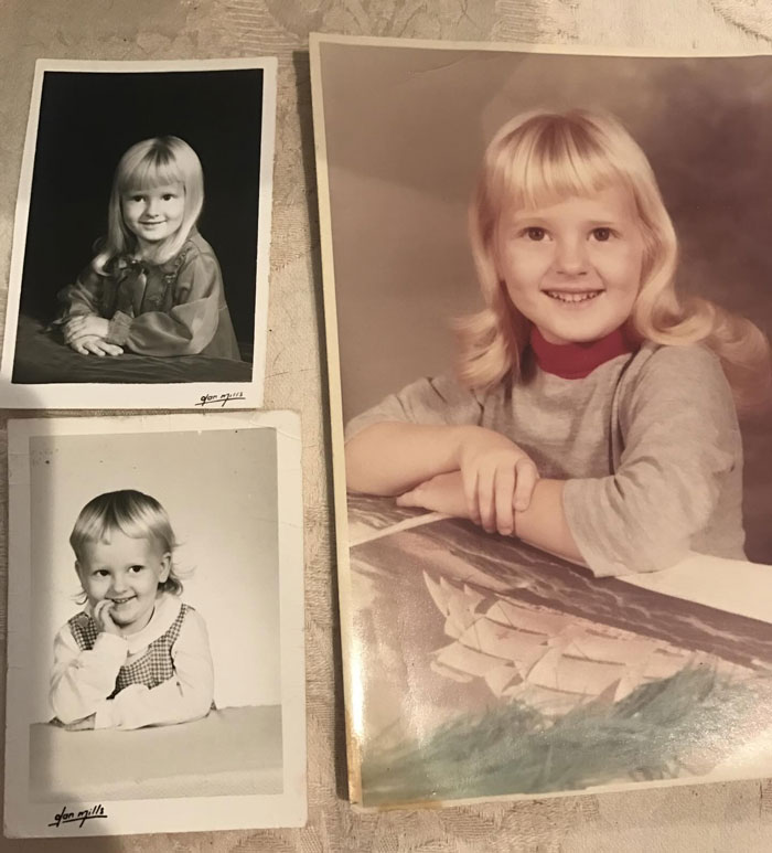 Three childhood photos of a girl with retro hairstyles showing classic hair disasters from past decades.