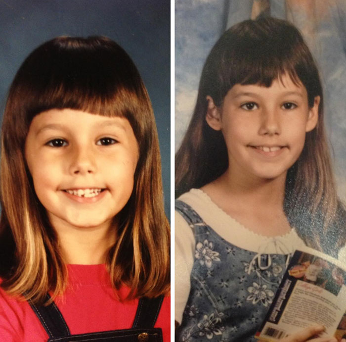 Side-by-side childhood photos of girls with uneven bangs and hair disasters, reflecting popular childhood hair trends.