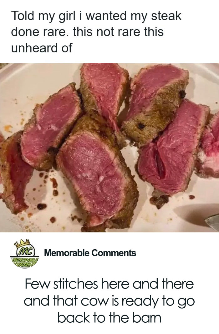 Rare steak cut showing red inside with humorous meme about food and eating enjoyment.