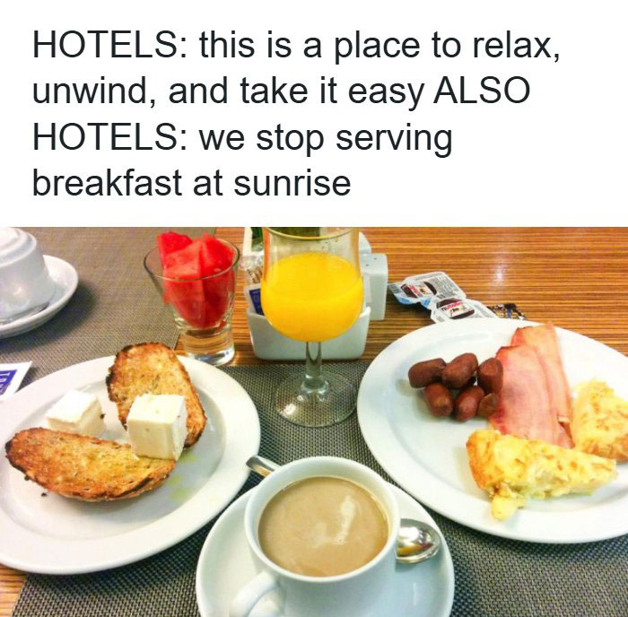 Breakfast spread with toast, eggs, bacon, coffee, and orange juice illustrating food and eating humor meme.