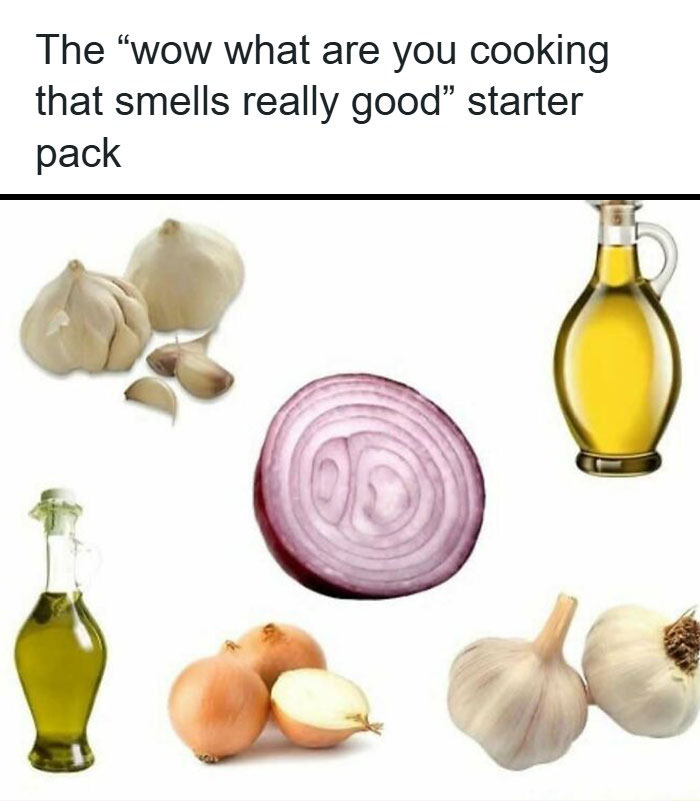 Starter pack image of garlic, onions, and olive oil representing food and eating memes for food lovers.
