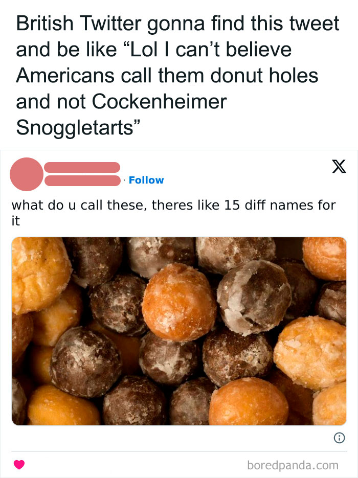 Funny tweet about different names for donut holes with close-up of glazed donut hole variety, food memes for food lovers.