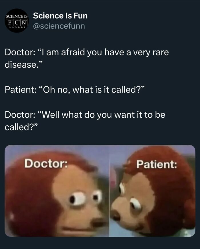 Funny science meme showing a conversation between a doctor and patient with surprised expressions.