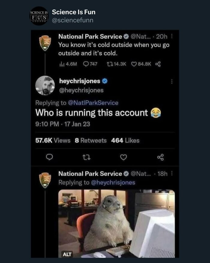Funny science meme showing a National Park Service tweet and a humorous animal image at a computer.