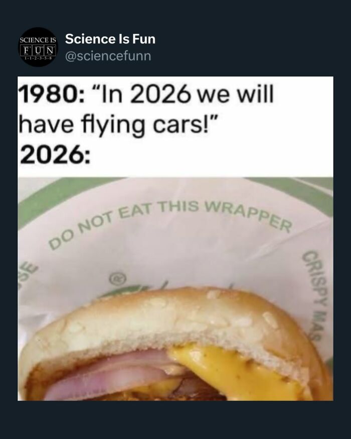 Humorous science meme showing a 1980 prediction of flying cars contrasted with a 2026 cheeseburger close-up.