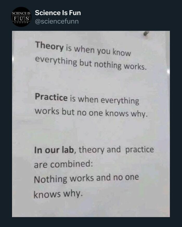 Funny science meme about theory and practice humor, combining lab results where nothing works and no one knows why.