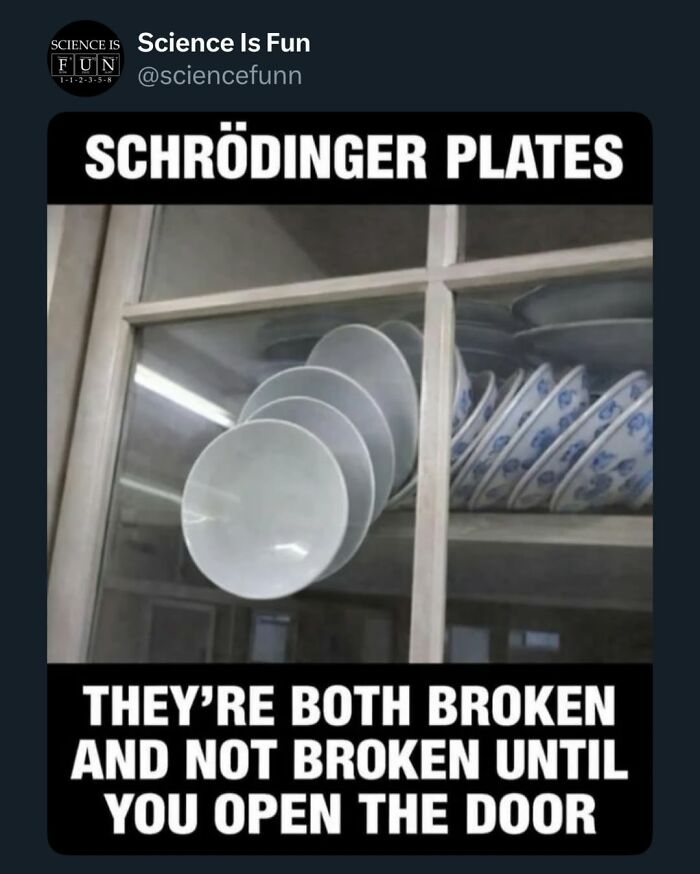 Stacked plates appearing both broken and unbroken behind a glass door, illustrating a science meme about observation paradox.