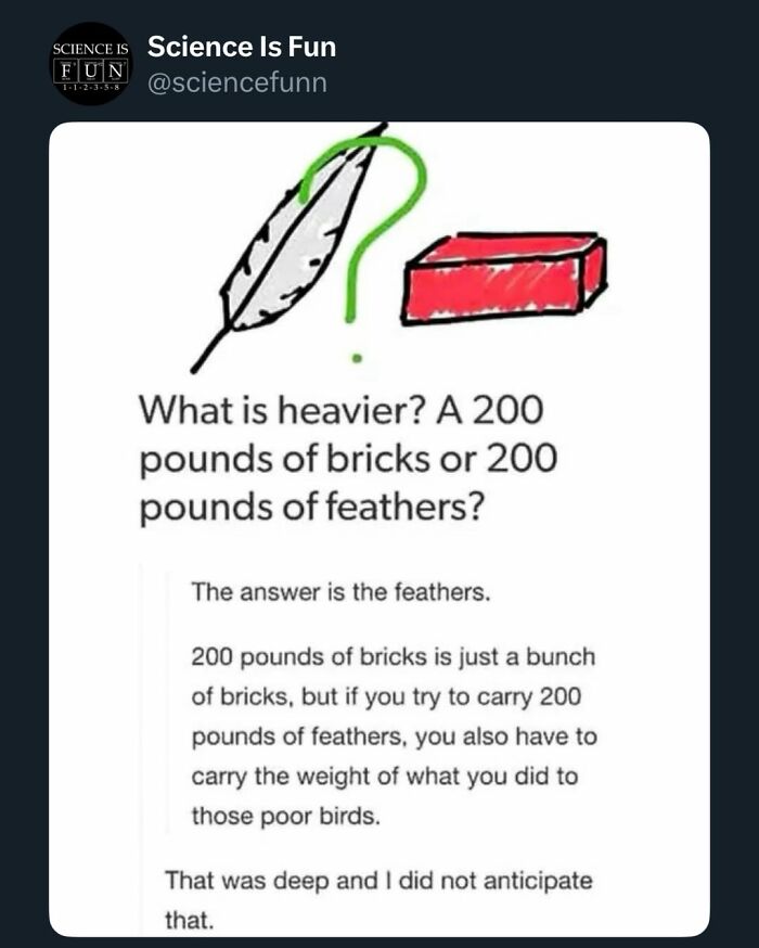 Science meme explaining the weight difference between 200 pounds of bricks and 200 pounds of feathers with humor and insight.